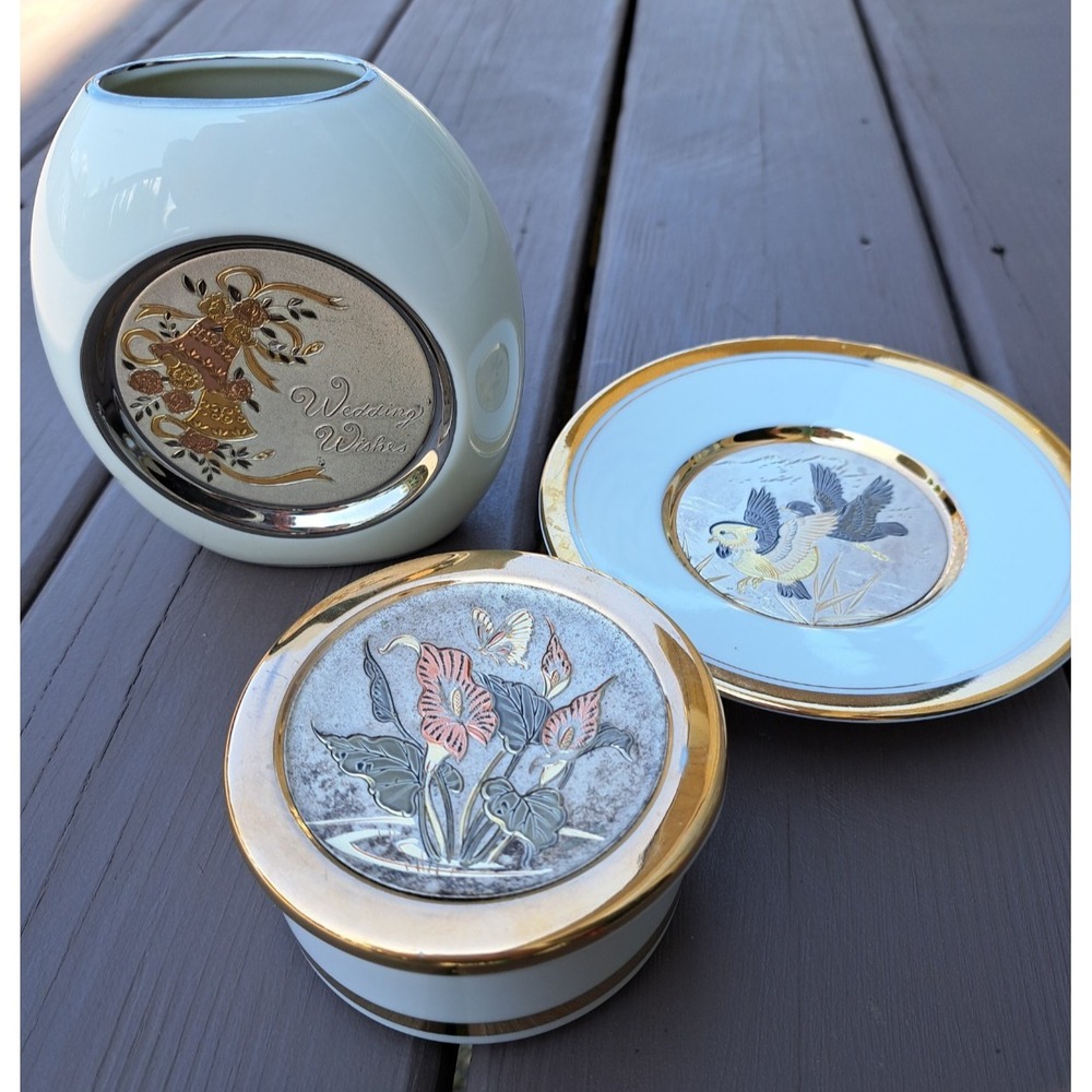 Set of 3 The Art Of Chokin VTG 24 K Gold Vase Plate Trinket Box Collectable